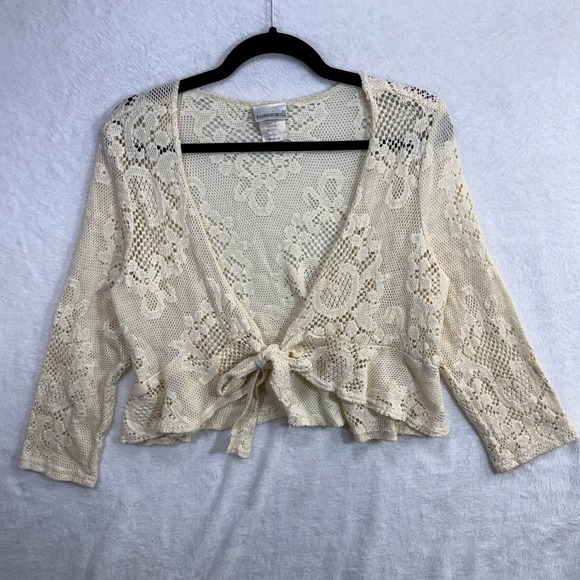 VTG Fashion Bug S Tie Front Knit Top Cream Sheer Crochet Coquette Cottage Y2K - Picture 2 of 8